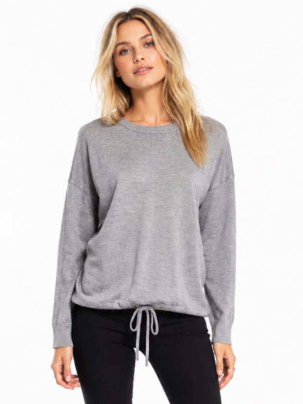 Nicole Miller Grey 100% Extra Fine Merino Wool Drawstring Sweater Large